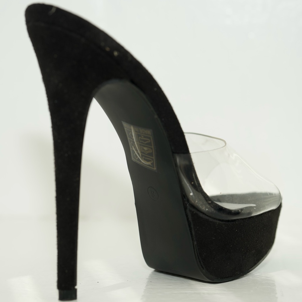 Pretty Little Thing BLACK HIGH PLATFORM CLEAR MULE SANDALS Suede PVC Size UK 6 - Picture 7 of 16